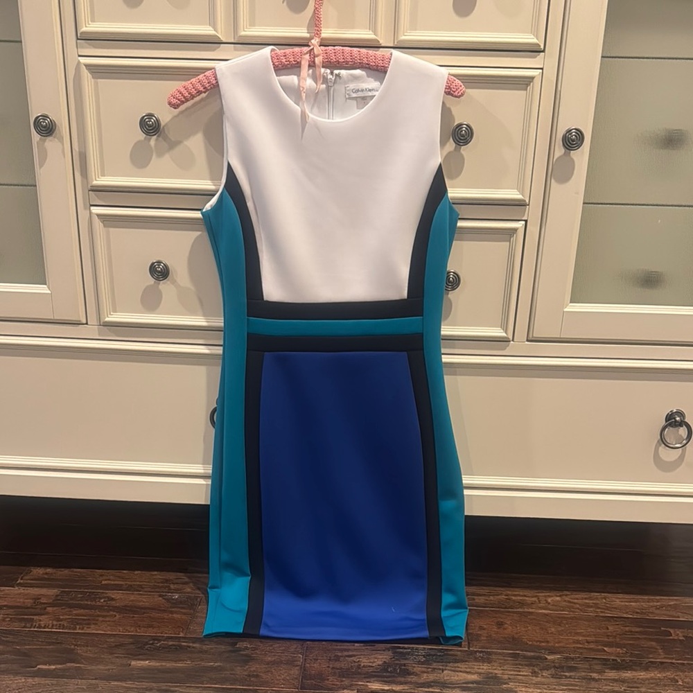 Calvin Klein Blue Sheath Mini Dress Sleeveless Crew Neck